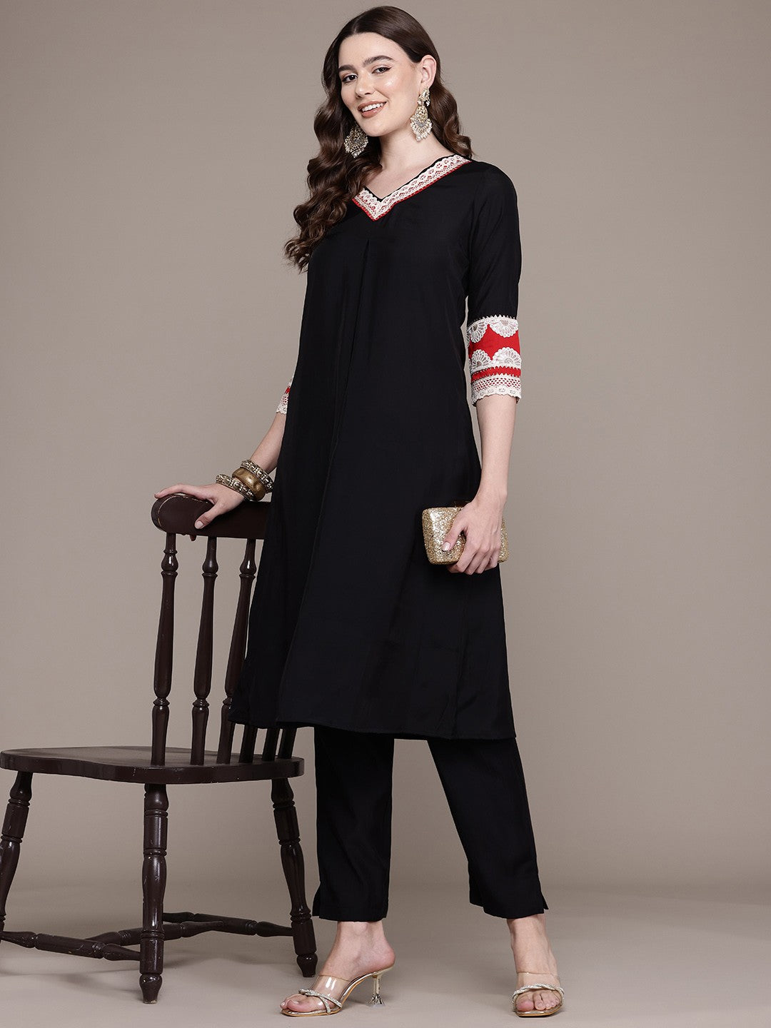 A Line Style Silk Fabric Black Colour Kurta With Bottom