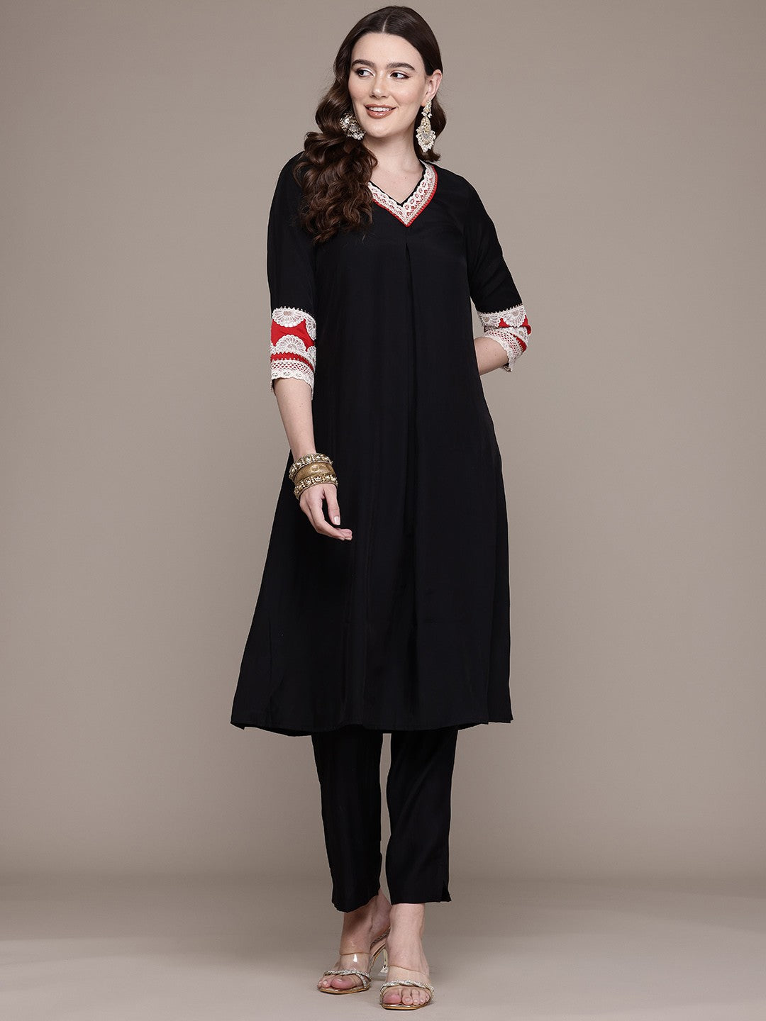 A Line Style Silk Fabric Black Colour Kurta With Bottom