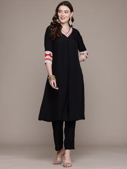 A Line Style Silk Fabric Black Colour Kurta With Bottom