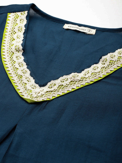 A Line Style Silk Fabric Teal Colour Kurta With Bottom