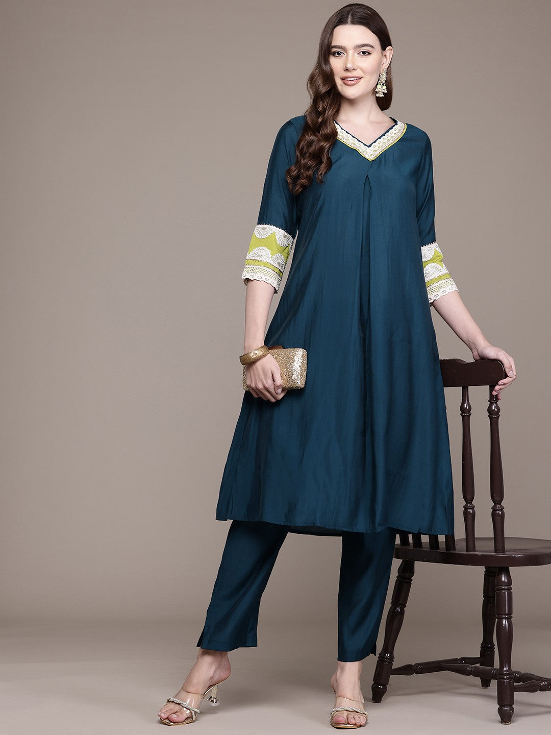 A Line Style Silk Fabric Teal Colour Kurta With Bottom