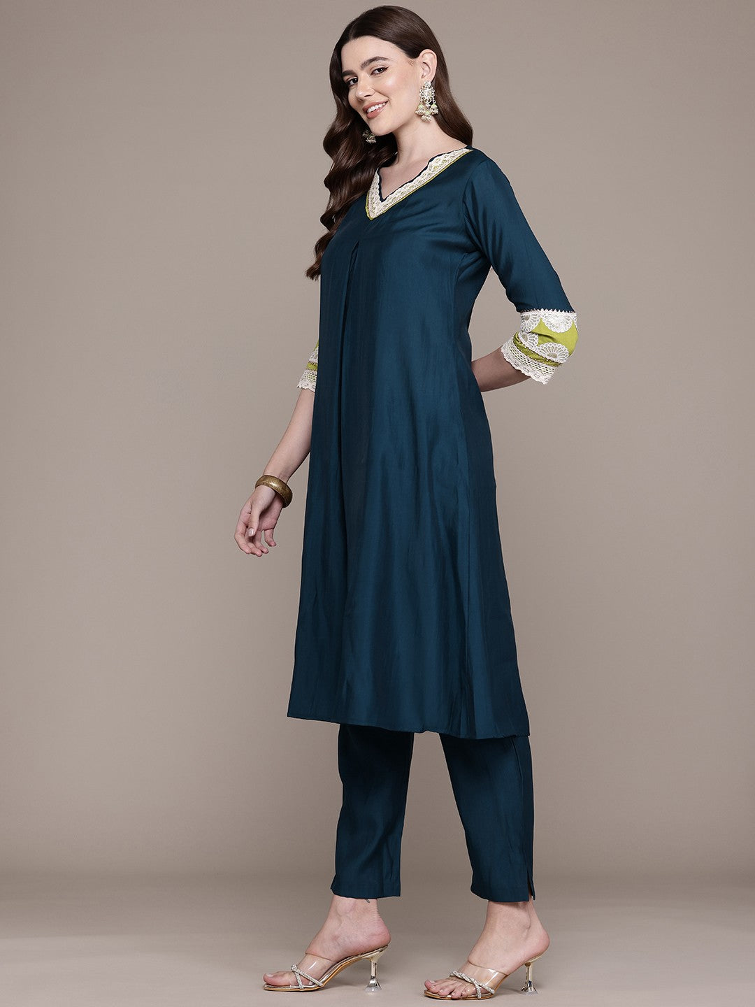 A Line Style Silk Fabric Teal Colour Kurta With Bottom