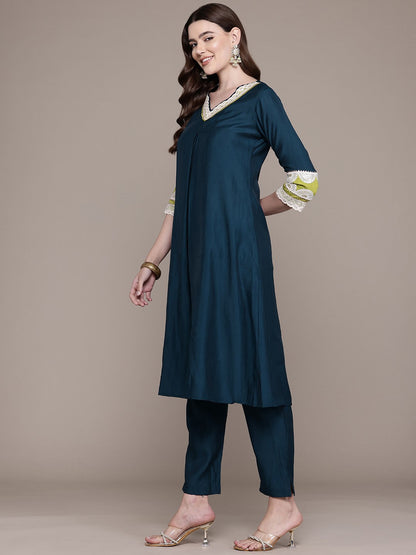 A Line Style Silk Fabric Teal Colour Kurta With Bottom