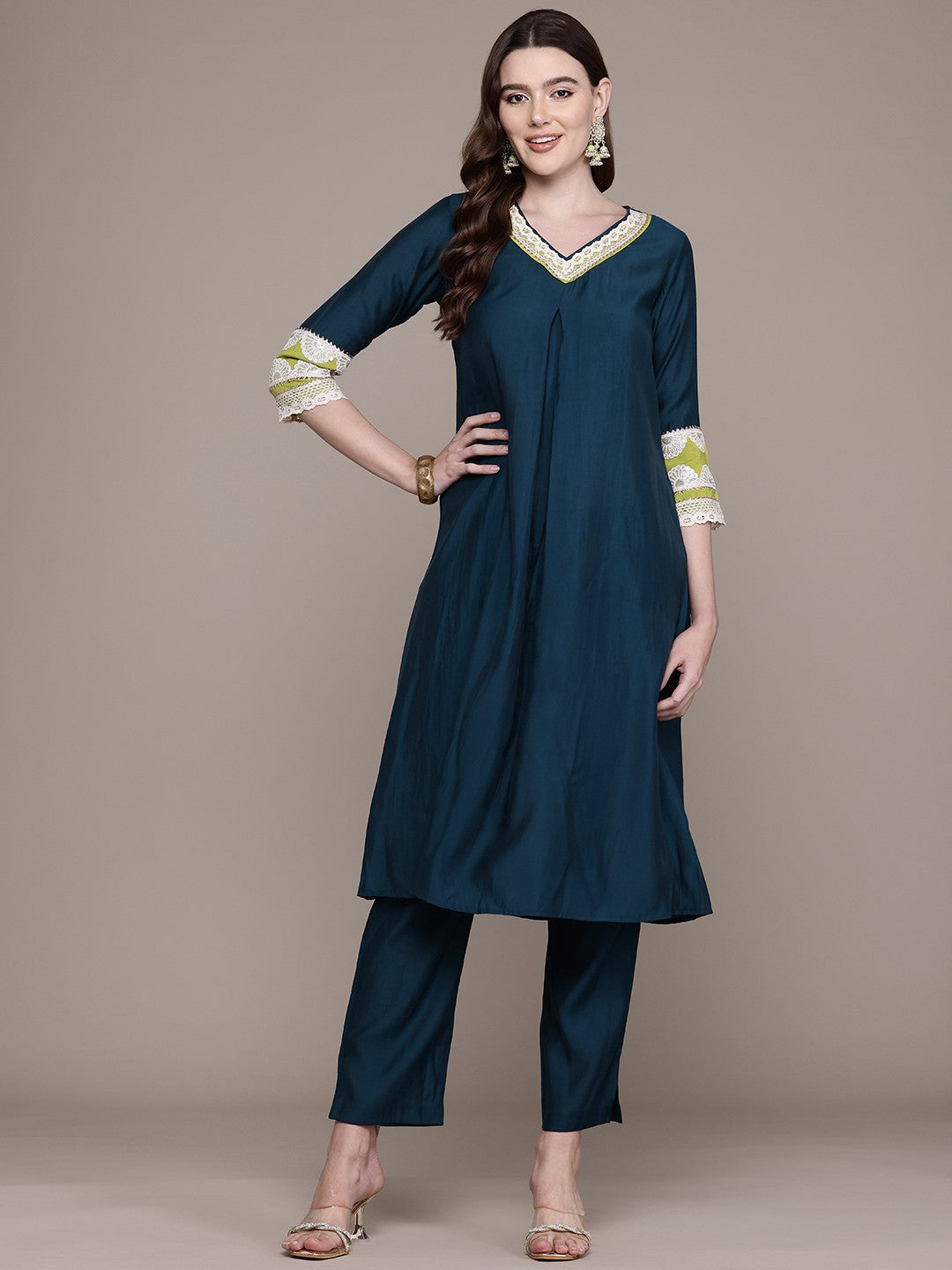 A Line Style Silk Fabric Teal Colour Kurta With Bottom