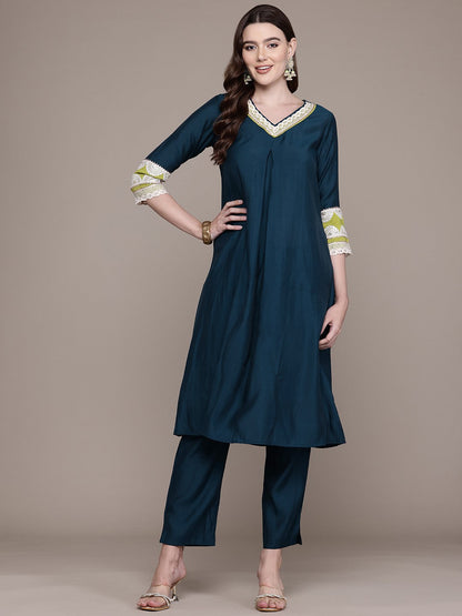 A Line Style Silk Fabric Teal Colour Kurta With Bottom