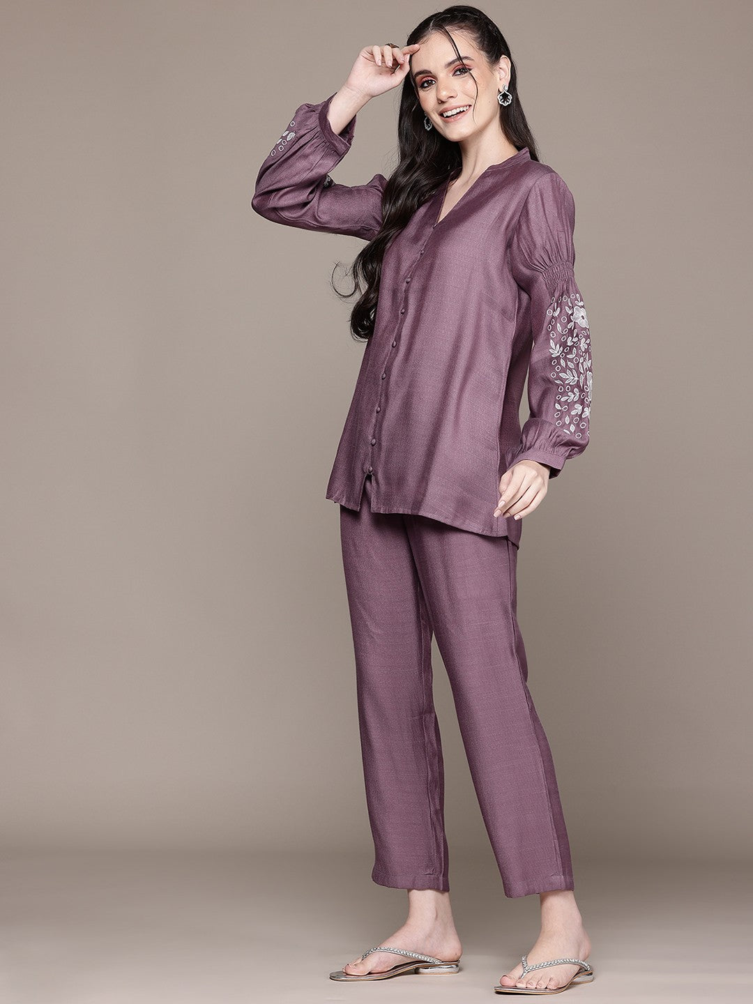 Straight Style Viscose Fabric Mauve Color Co-Ord Set