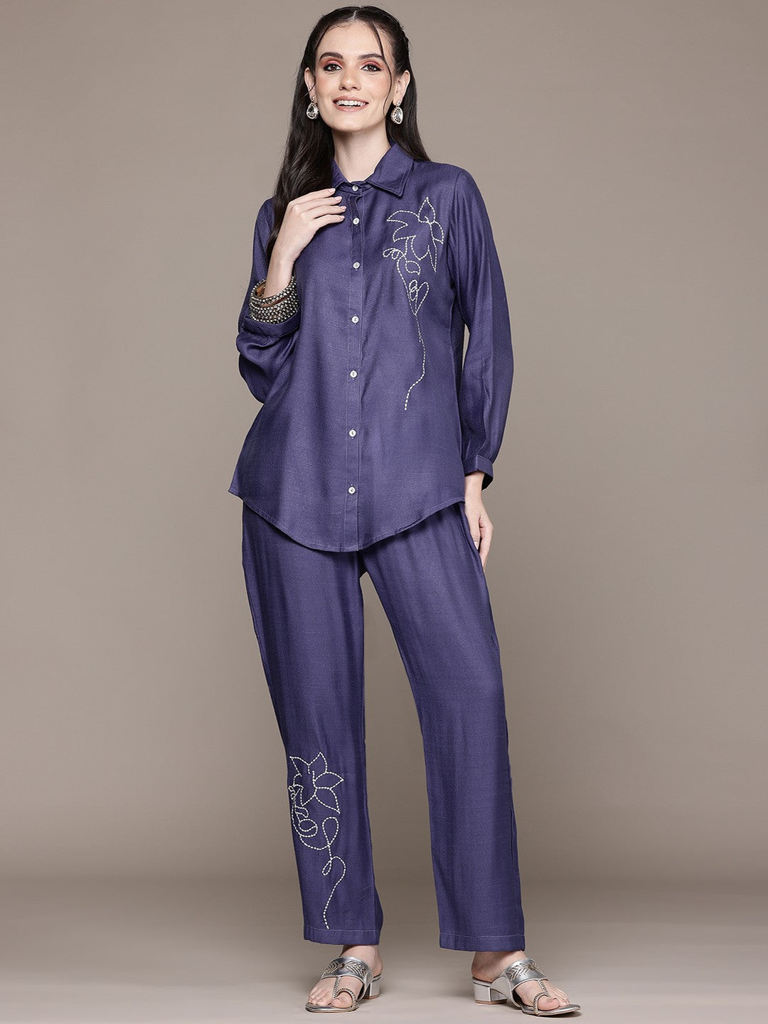Shirt Style Viscose Fabric Blue Color Co-Ord Set
