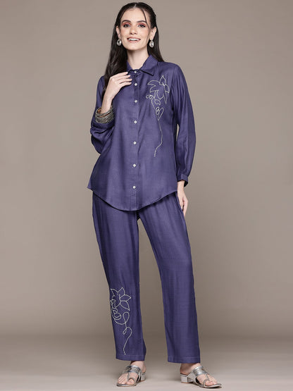 Shirt Style Viscose Fabric Blue Color Co-Ord Set