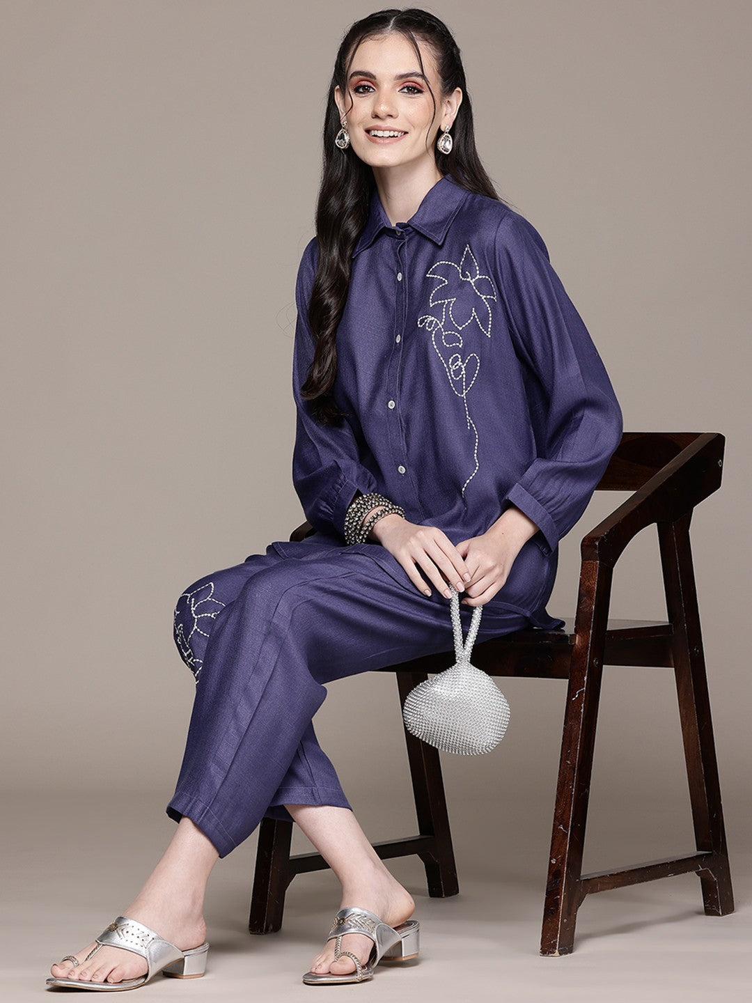Shirt Style Viscose Fabric Blue Color Co-Ord Set