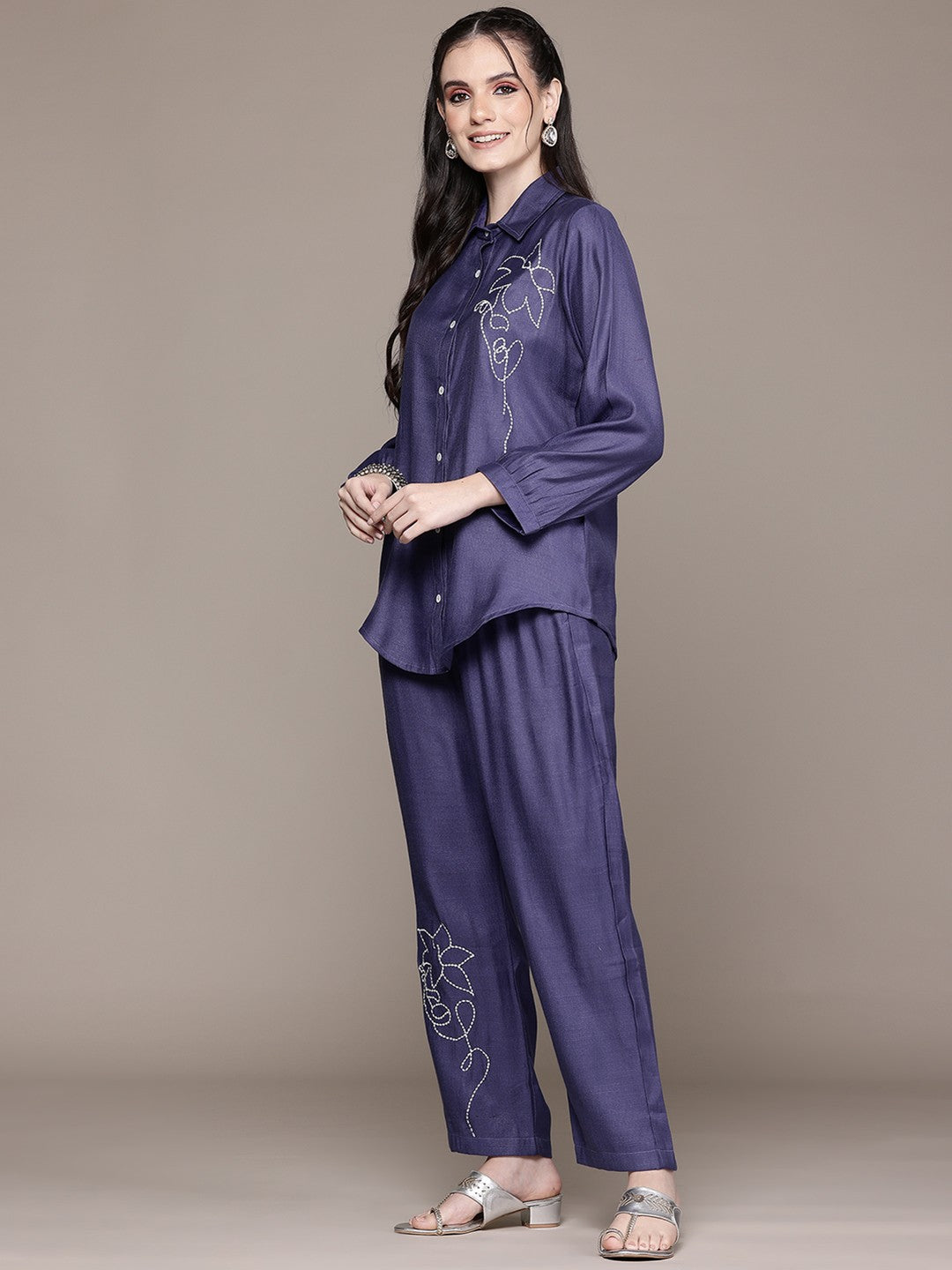 Shirt Style Viscose Fabric Blue Color Co-Ord Set