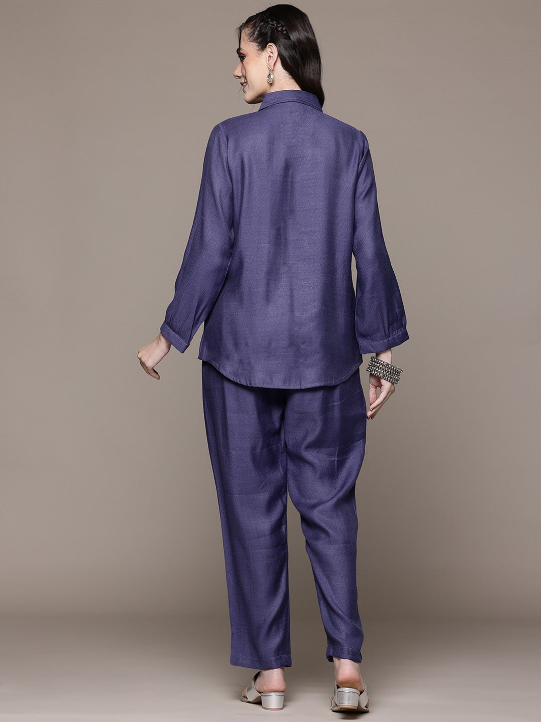 Shirt Style Viscose Fabric Blue Color Co-Ord Set