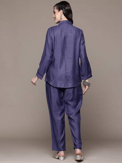 Shirt Style Viscose Fabric Blue Color Co-Ord Set