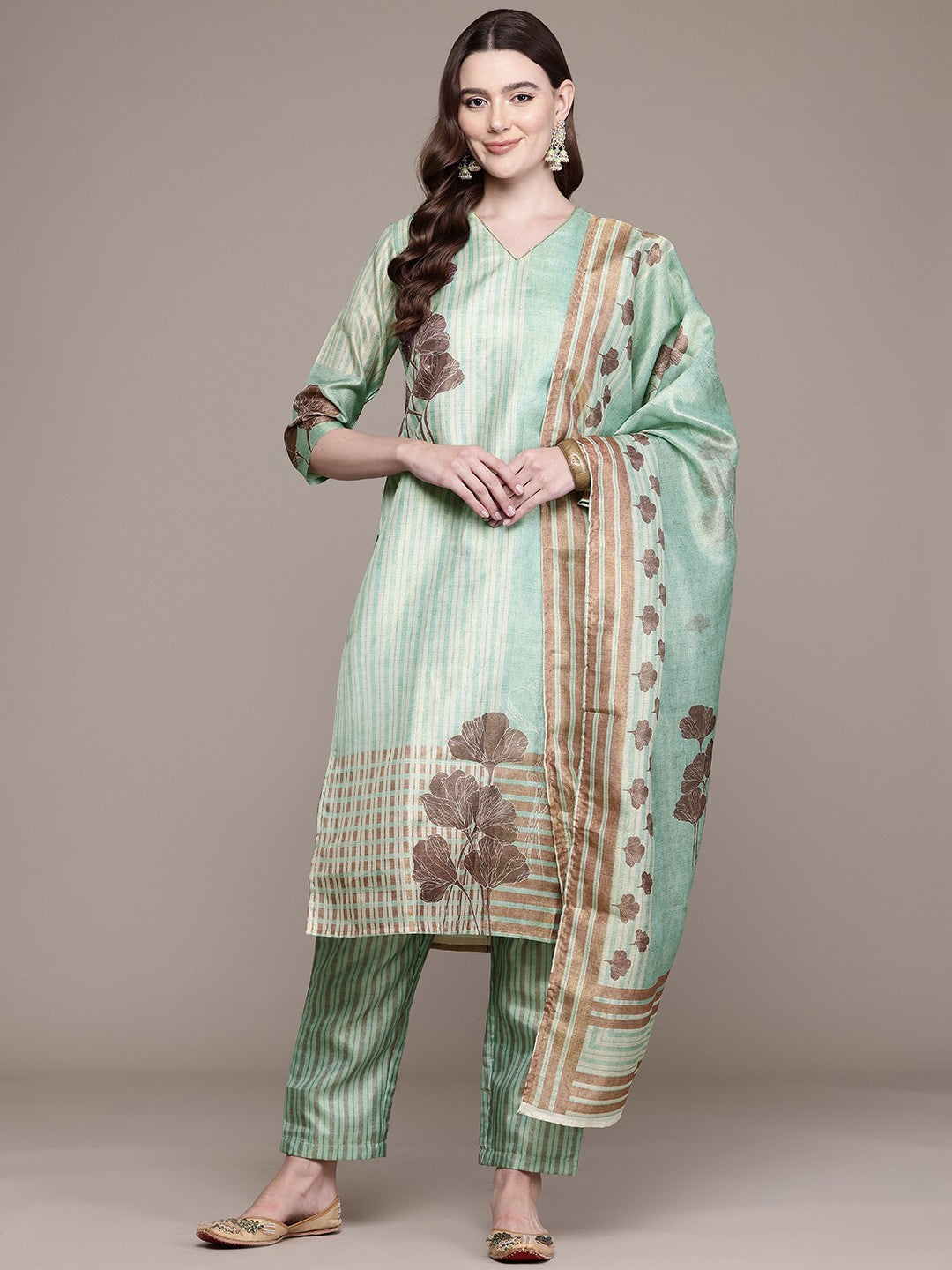 Straight Style Chanderi Silk Fabric Green Colour Kurta And Bottom With Dupatta