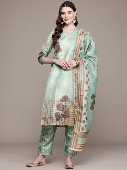 Straight Style Chanderi Silk Fabric Green Colour Kurta And Bottom With Dupatta