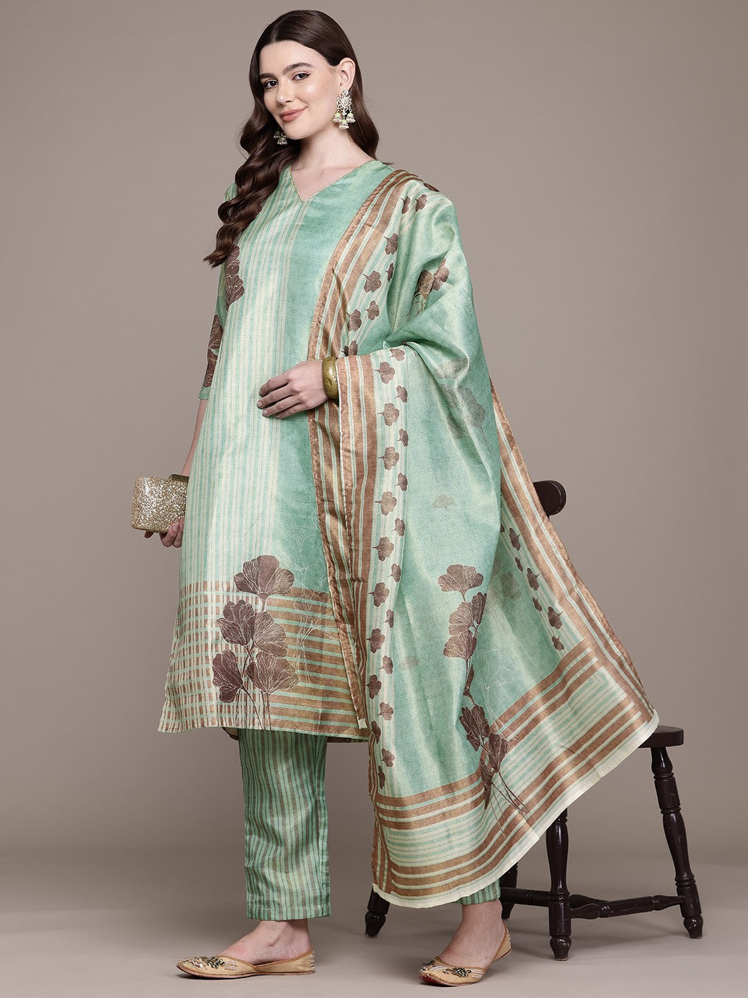 Straight Style Chanderi Silk Fabric Green Colour Kurta And Bottom With Dupatta