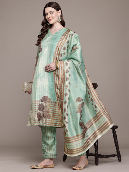Straight Style Chanderi Silk Fabric Green Colour Kurta And Bottom With Dupatta