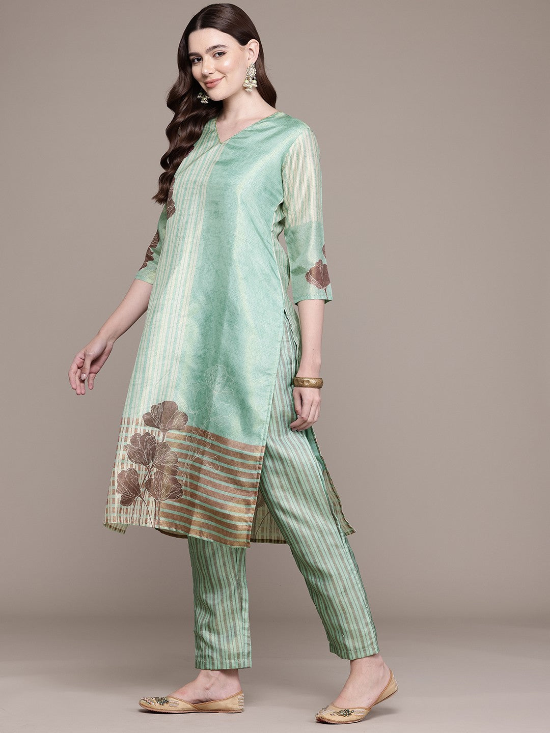 Straight Style Chanderi Silk Fabric Green Colour Kurta And Bottom With Dupatta