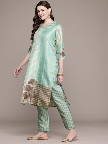 Straight Style Chanderi Silk Fabric Green Colour Kurta And Bottom With Dupatta
