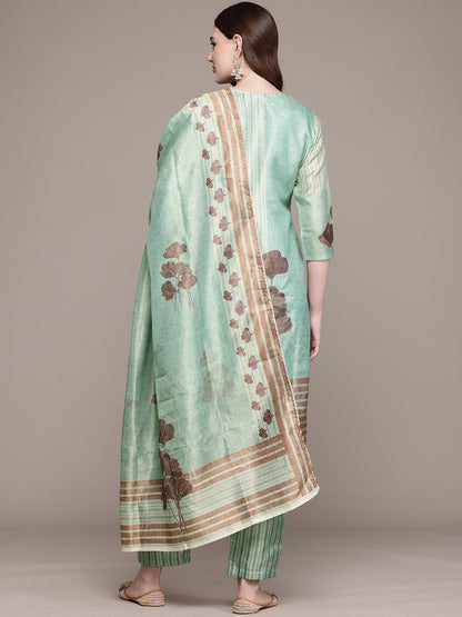Straight Style Chanderi Silk Fabric Green Colour Kurta And Bottom With Dupatta