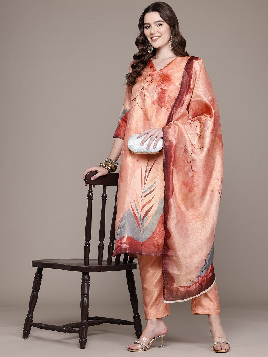 Straight Style Chanderi Silk Fabric Peach Colour Kurta And Bottom With Dupatta