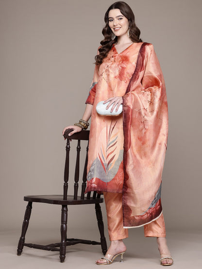 Straight Style Chanderi Silk Fabric Peach Colour Kurta And Bottom With Dupatta