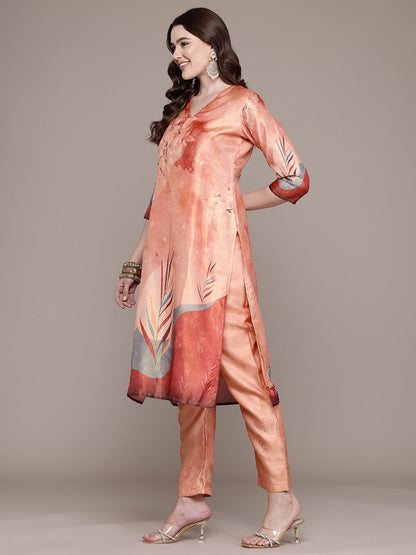 Straight Style Chanderi Silk Fabric Peach Colour Kurta And Bottom With Dupatta