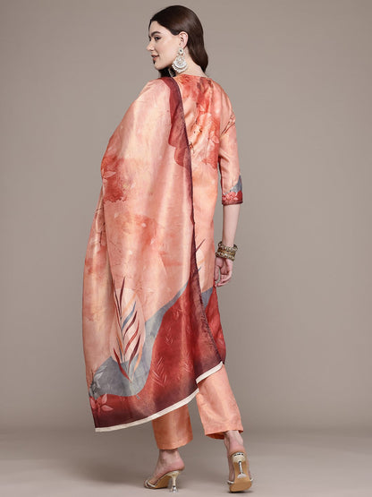 Straight Style Chanderi Silk Fabric Peach Colour Kurta And Bottom With Dupatta