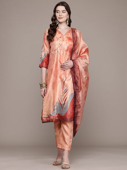 Straight Style Chanderi Silk Fabric Peach Colour Kurta And Bottom With Dupatta