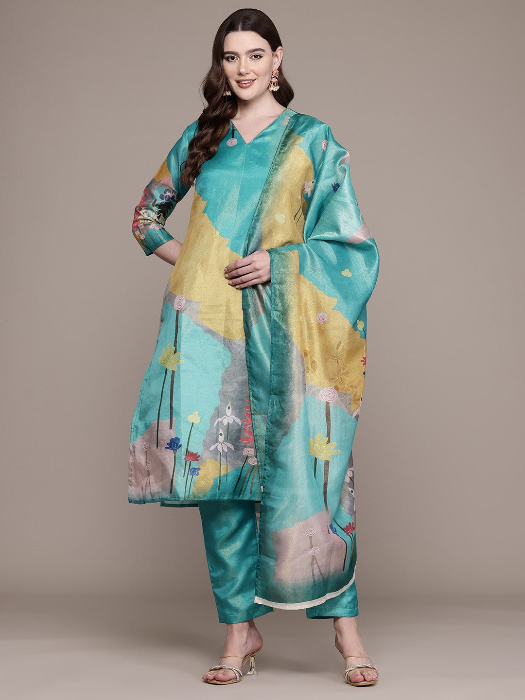 Straight Style Chanderi Silk Fabric Sea Green Colour Kurta And Bottom With Dupatta