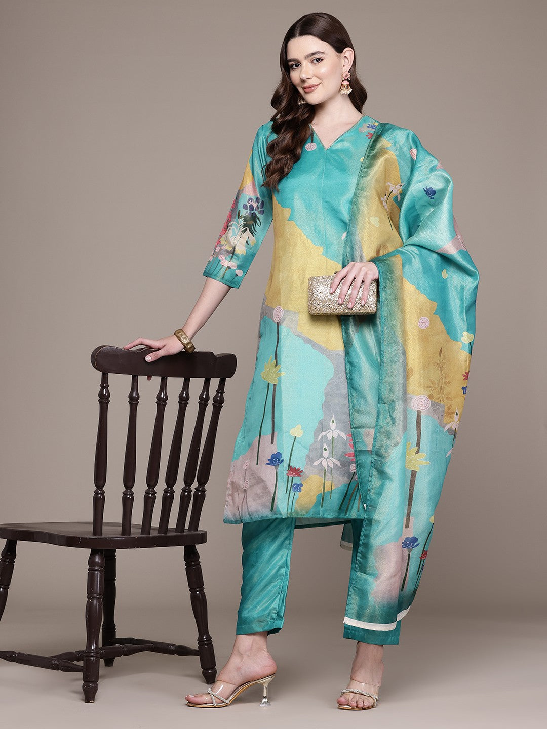 Straight Style Chanderi Silk Fabric Sea Green Colour Kurta And Bottom With Dupatta