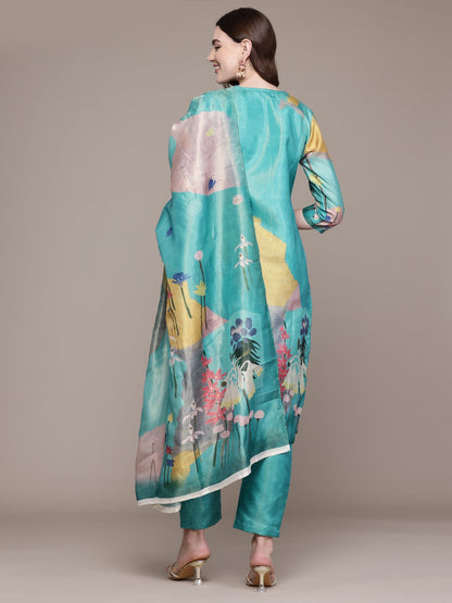 Straight Style Chanderi Silk Fabric Sea Green Colour Kurta And Bottom With Dupatta