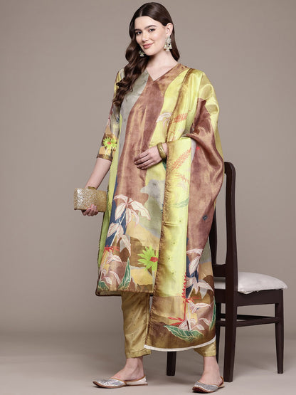 Straight Style Chanderi Silk Fabric Green Colour Kurta And Bottom With Dupatta
