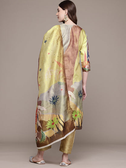 Straight Style Chanderi Silk Fabric Green Colour Kurta And Bottom With Dupatta