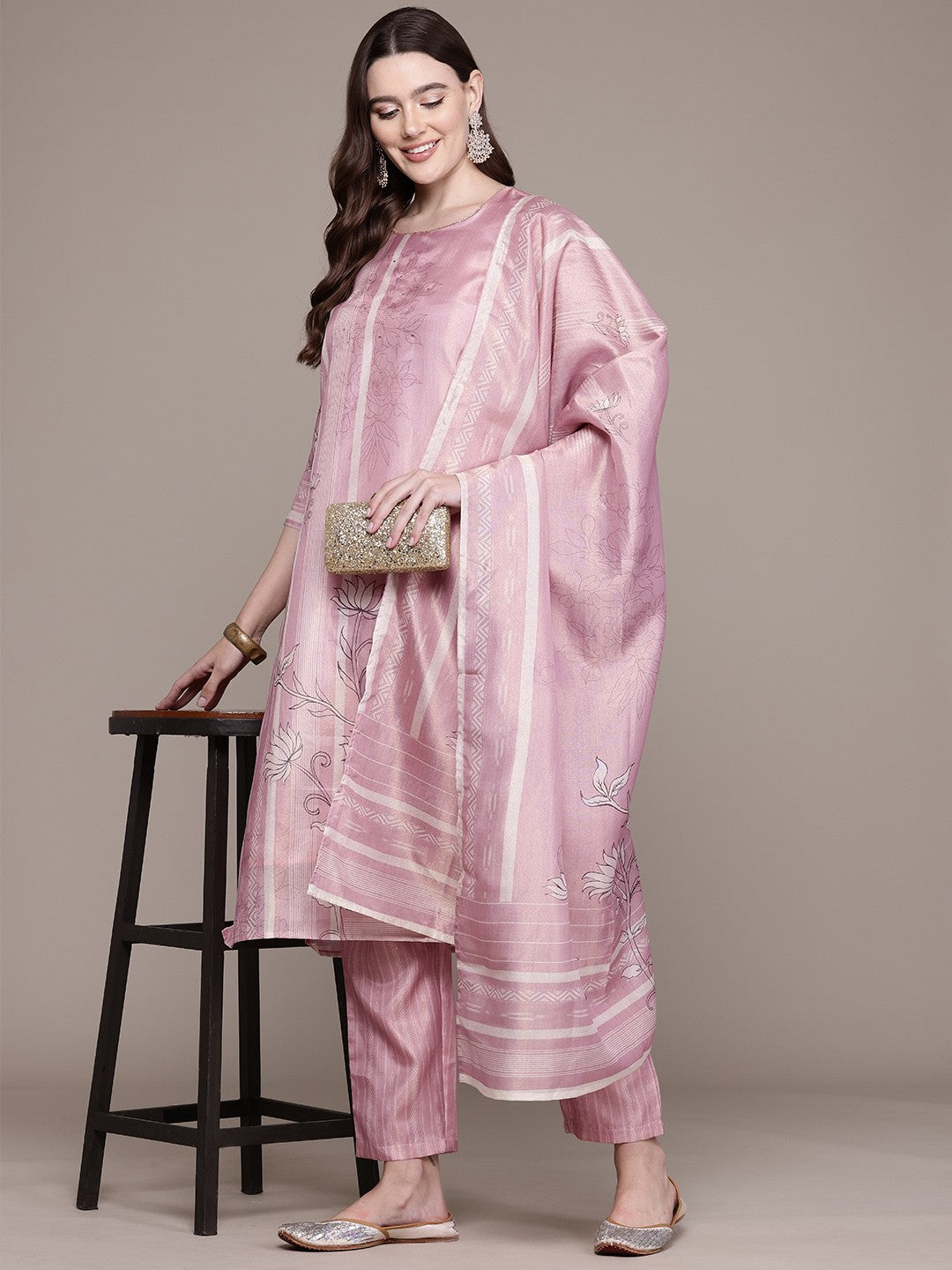 Straight Style Chanderi Silk Fabric Pink Colour Kurta And Bottom With Dupatta