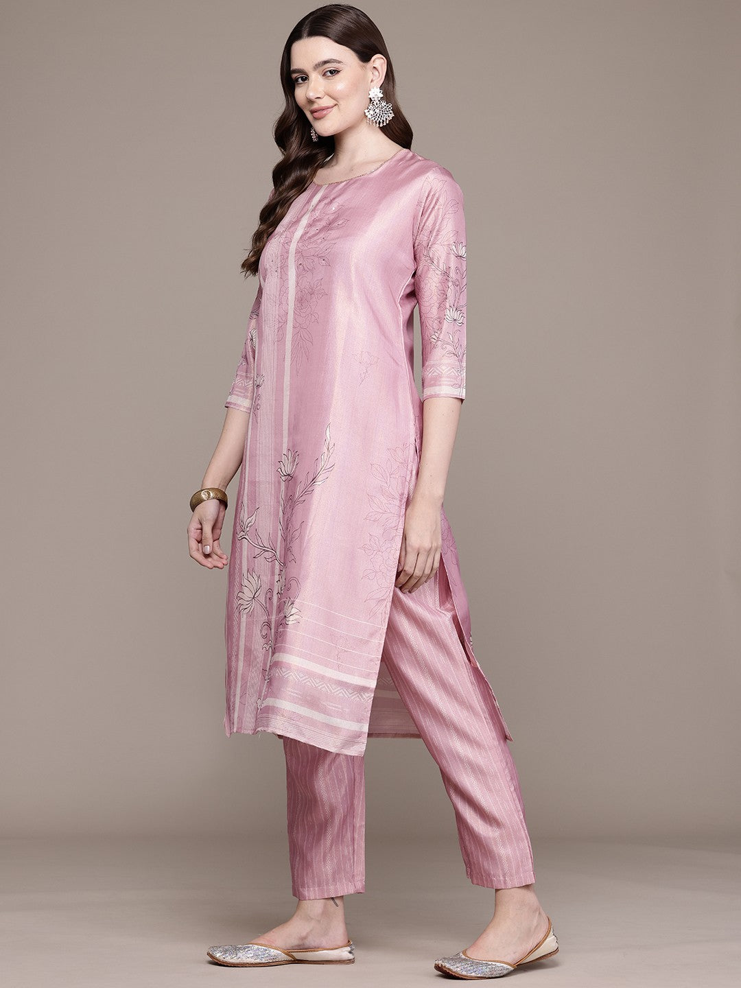 Straight Style Chanderi Silk Fabric Pink Colour Kurta And Bottom With Dupatta