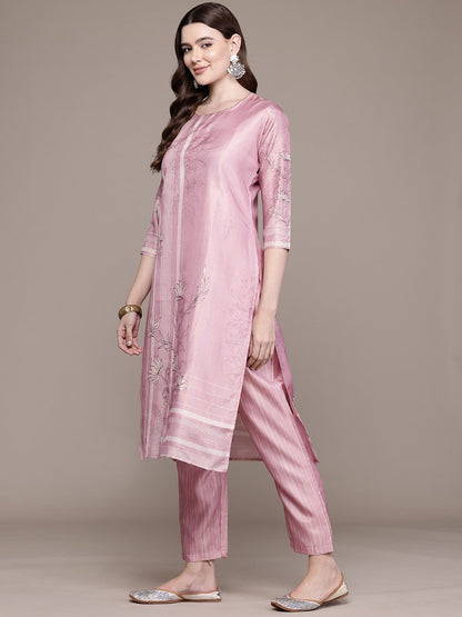Straight Style Chanderi Silk Fabric Pink Colour Kurta And Bottom With Dupatta