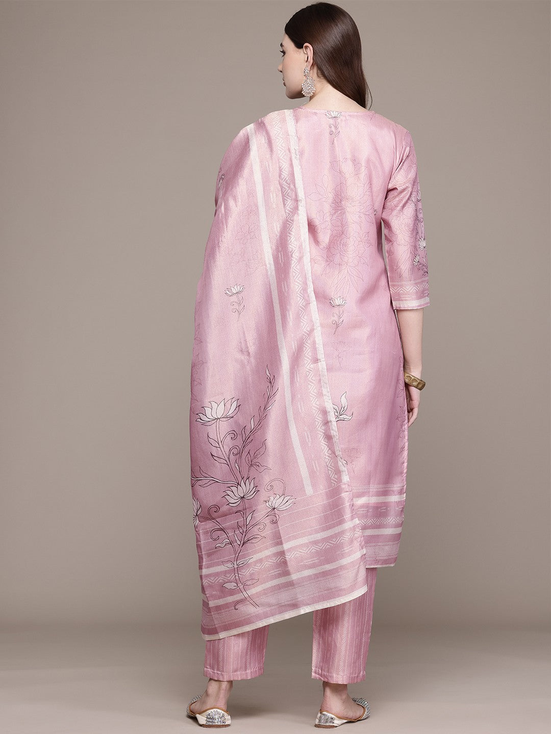 Straight Style Chanderi Silk Fabric Pink Colour Kurta And Bottom With Dupatta