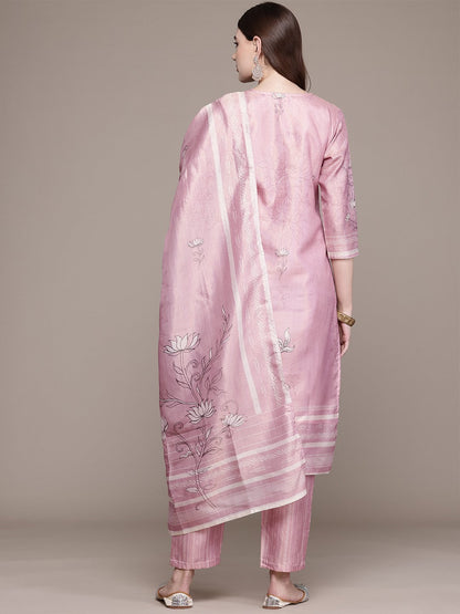 Straight Style Chanderi Silk Fabric Pink Colour Kurta And Bottom With Dupatta