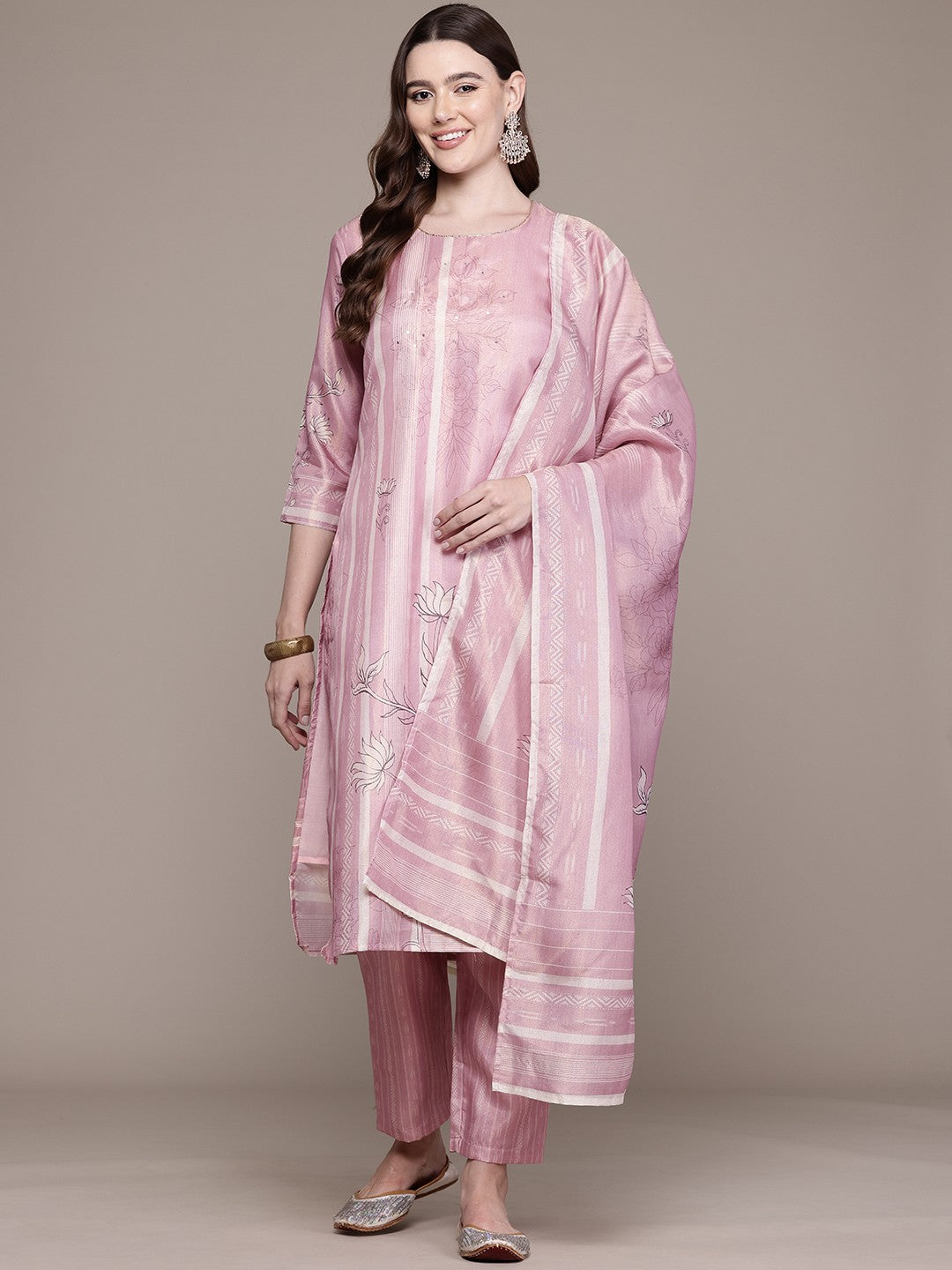 Straight Style Chanderi Silk Fabric Pink Colour Kurta And Bottom With Dupatta