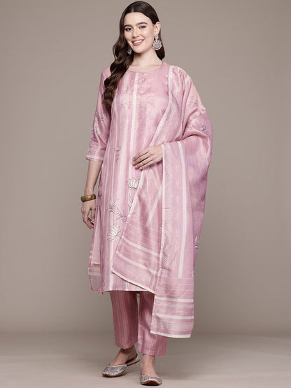 Straight Style Chanderi Silk Fabric Pink Colour Kurta And Bottom With Dupatta