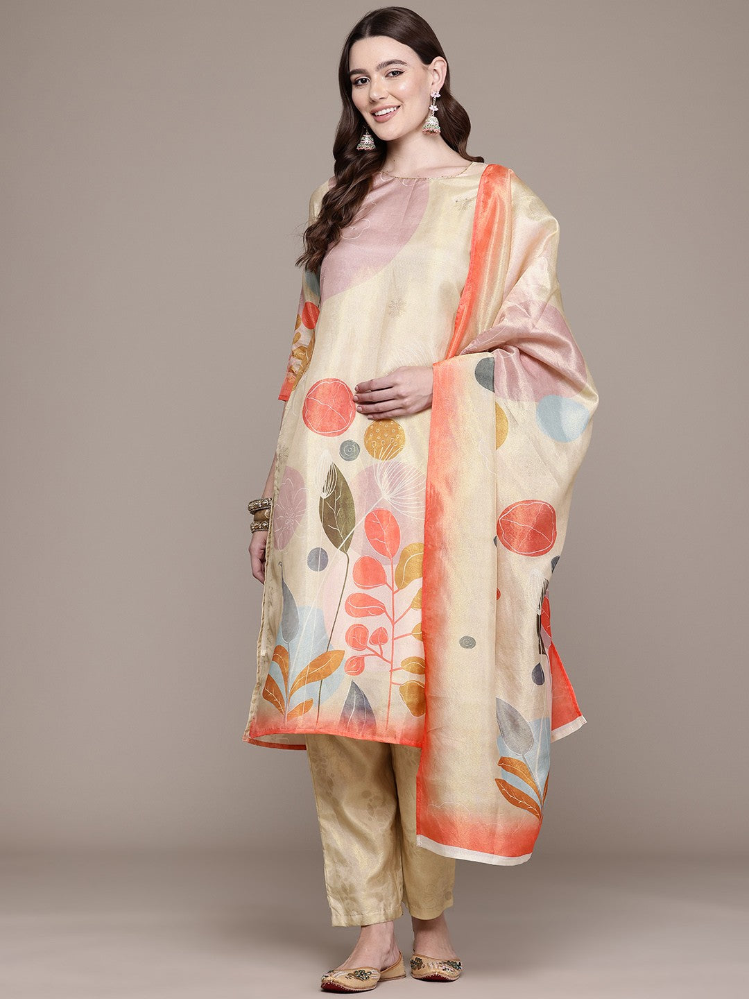 Straight Style Chanderi Silk Fabric Gold Colour Kurta And Bottom With Dupatta