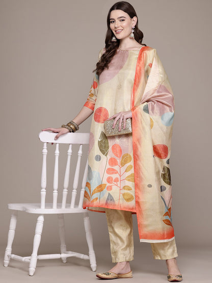 Straight Style Chanderi Silk Fabric Gold Colour Kurta And Bottom With Dupatta