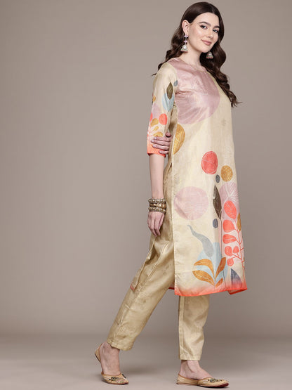 Straight Style Chanderi Silk Fabric Gold Colour Kurta And Bottom With Dupatta