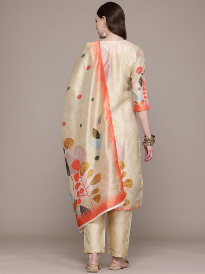Straight Style Chanderi Silk Fabric Gold Colour Kurta And Bottom With Dupatta