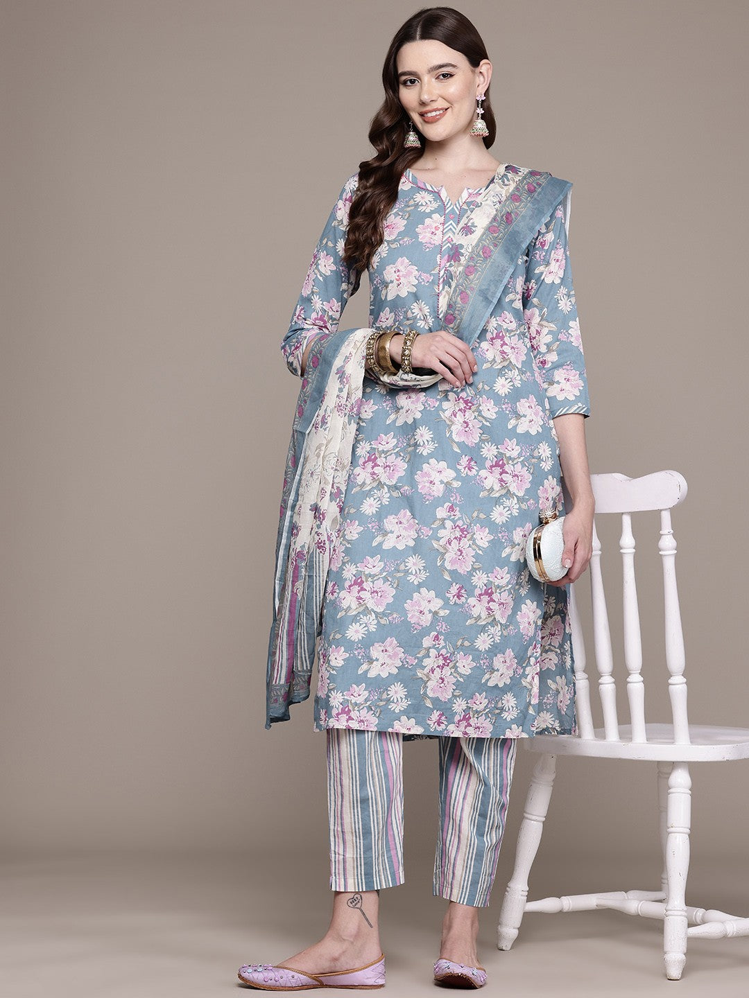 Straight Style Cotton Fabric Grey Colour Kurta And Bottom With Dupatta