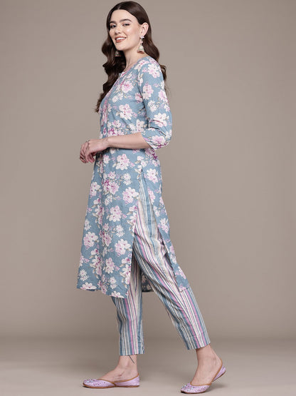 Straight Style Cotton Fabric Grey Colour Kurta And Bottom With Dupatta