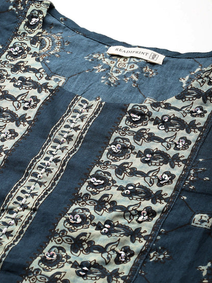 Straight Style Cotton Fabric Navy Blue Colour Kurta And Bottom With Dupatta