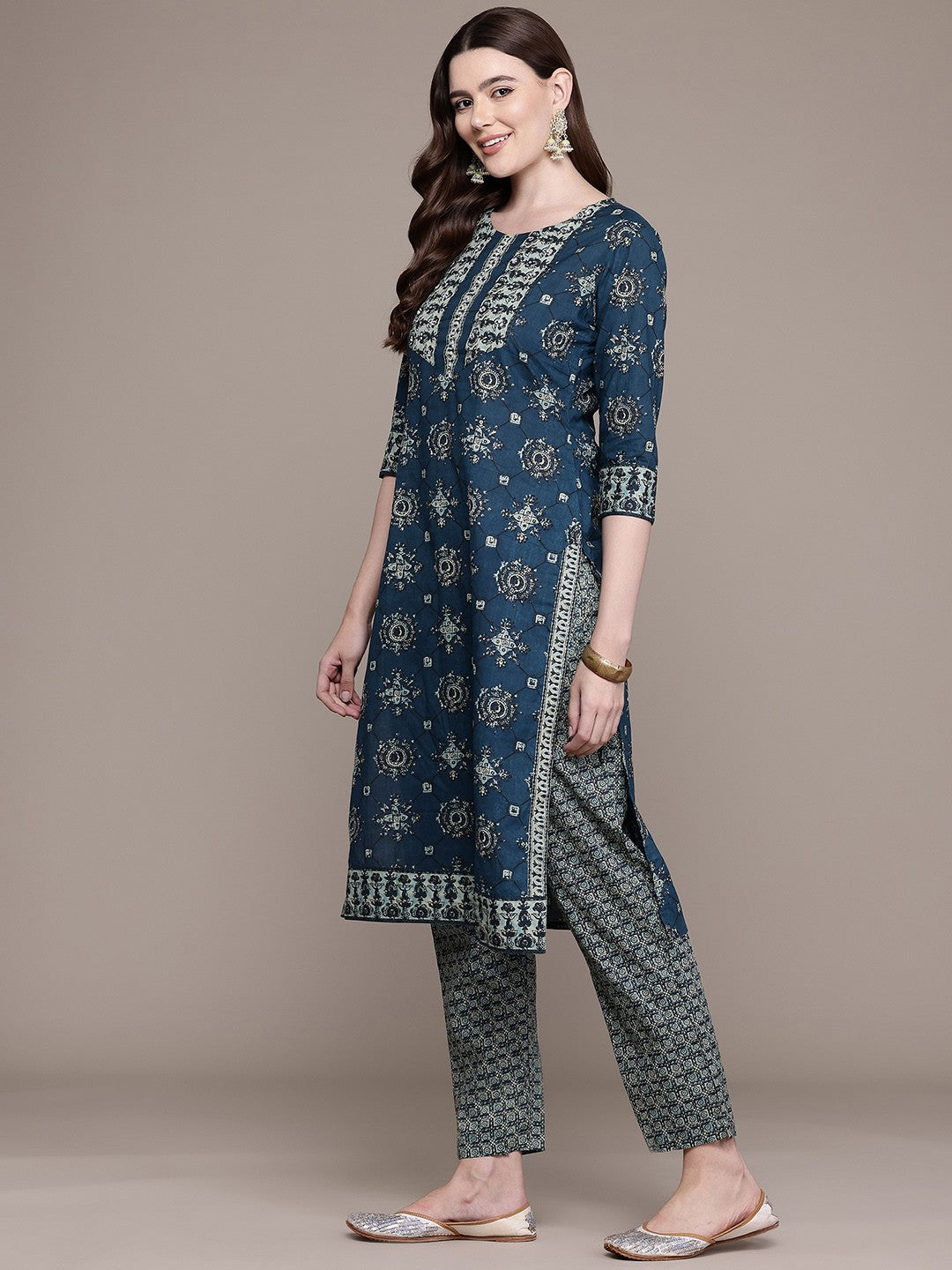 Straight Style Cotton Fabric Navy Blue Colour Kurta And Bottom With Dupatta