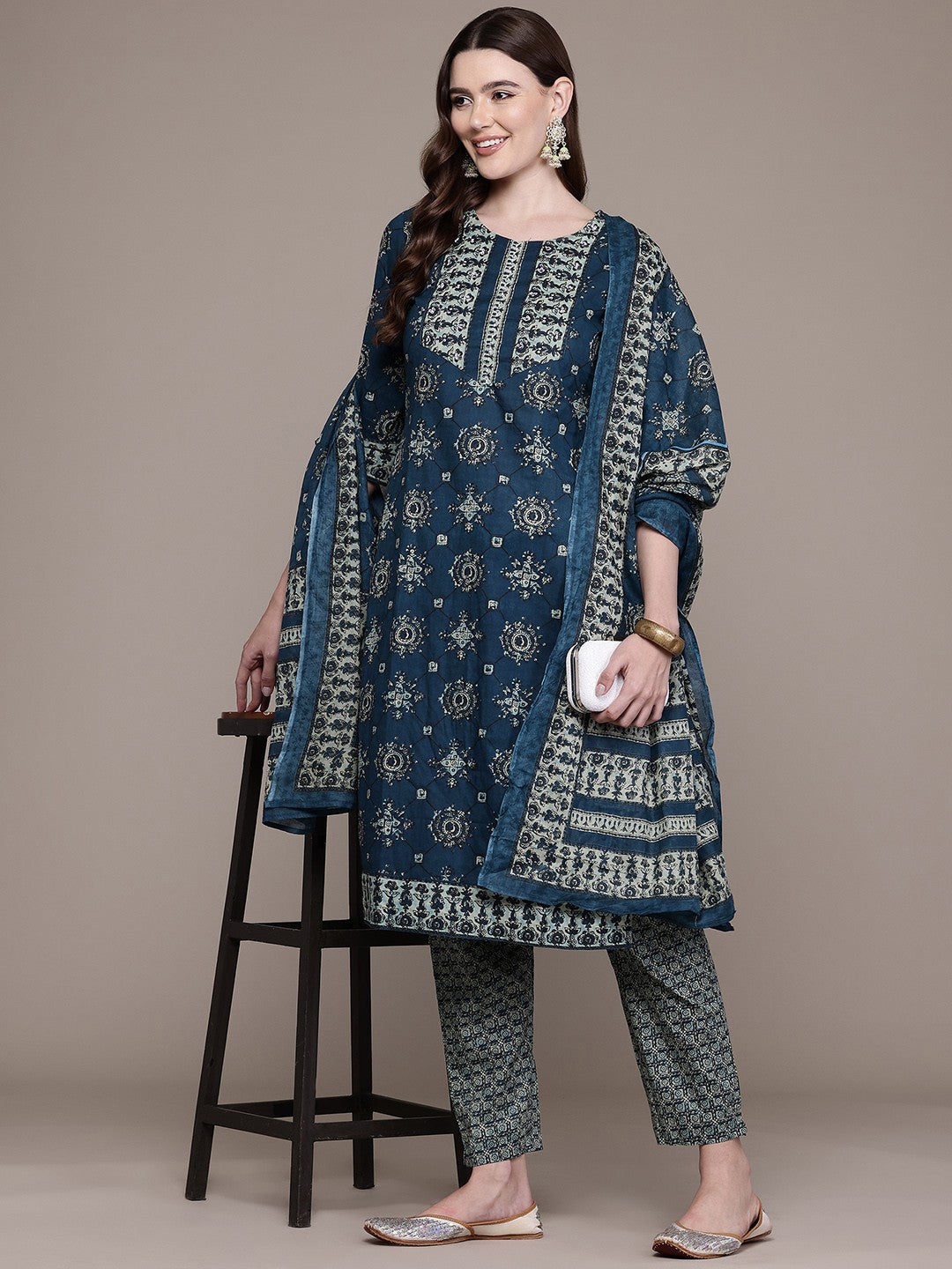 Straight Style Cotton Fabric Navy Blue Colour Kurta And Bottom With Dupatta