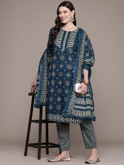 Straight Style Cotton Fabric Navy Blue Colour Kurta And Bottom With Dupatta